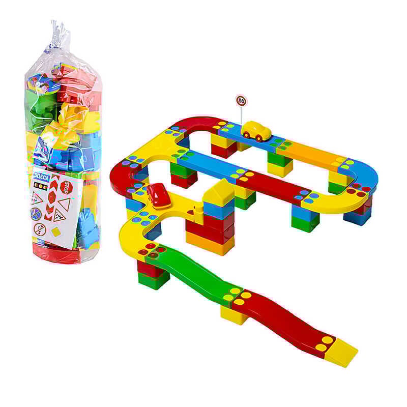 гр Ігровий конструктор “Кольорова дорога №3“ 114/24 (7) “BAMSIC“ 64 деталі, 2 машинки, в тубусі