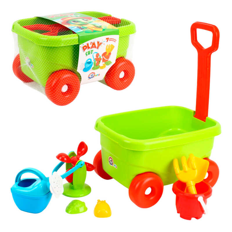 гр Набір для гри з піском 1409 (2) “Technok Toys“, візочок, граблі, лопатка, млин, лійка, 2 форми, в сітці