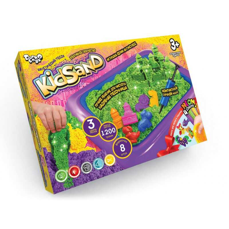 гр Кінетичний пісок “KidSand“ 1200г + пісочниця KS-02-02 U (5) “Danko Toys“, 8 формочок