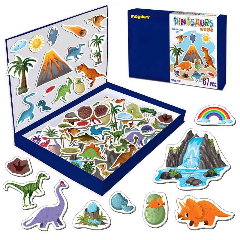 гр Набір магнітів “Світ динозаврів“ ML4032-04 EN (10) “Magdum“, 67 магнітів, магнітна дошка, в коробці