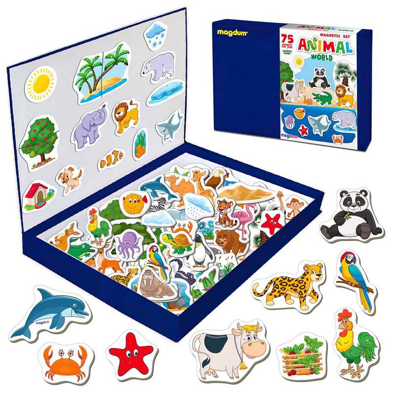 гр Набір магнітів “Світ тварин“ ML4032-05 EN (10) “Magdum“, 75 магнітів, магнітна дошка, в коробці