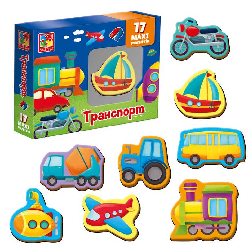 гр Набір магнітів “Транспорт“ VT 3106-26 укр (12) “Vladi Toys“, 17 елементів, в коробці