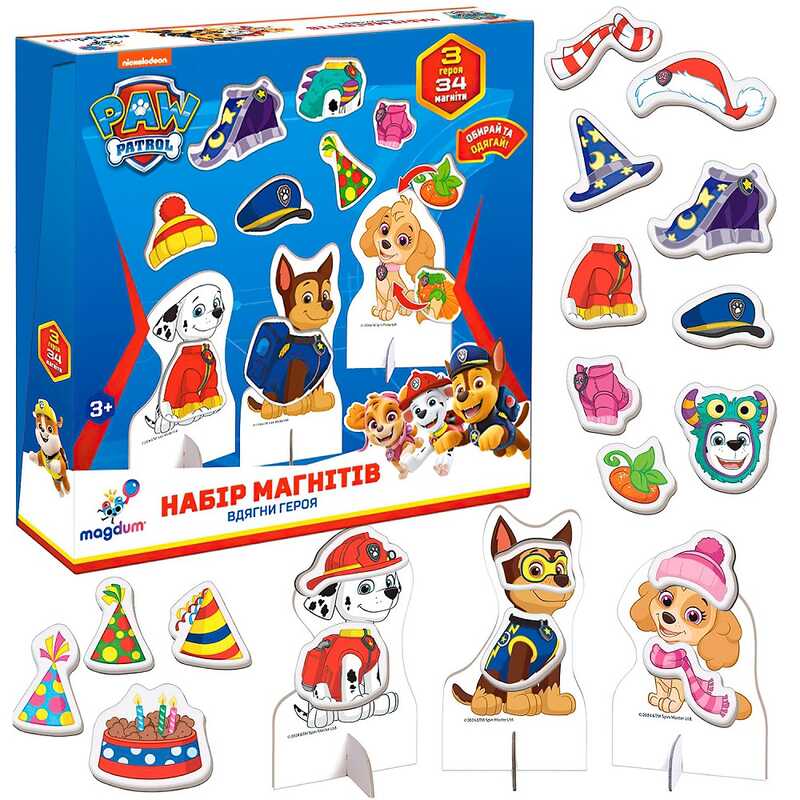 гр Набір магнітів ML 4034-13 “Щенячий патруль. Вдягни героя“ (24) “Magdum“ 3 героя, 34 магніти, в коробці