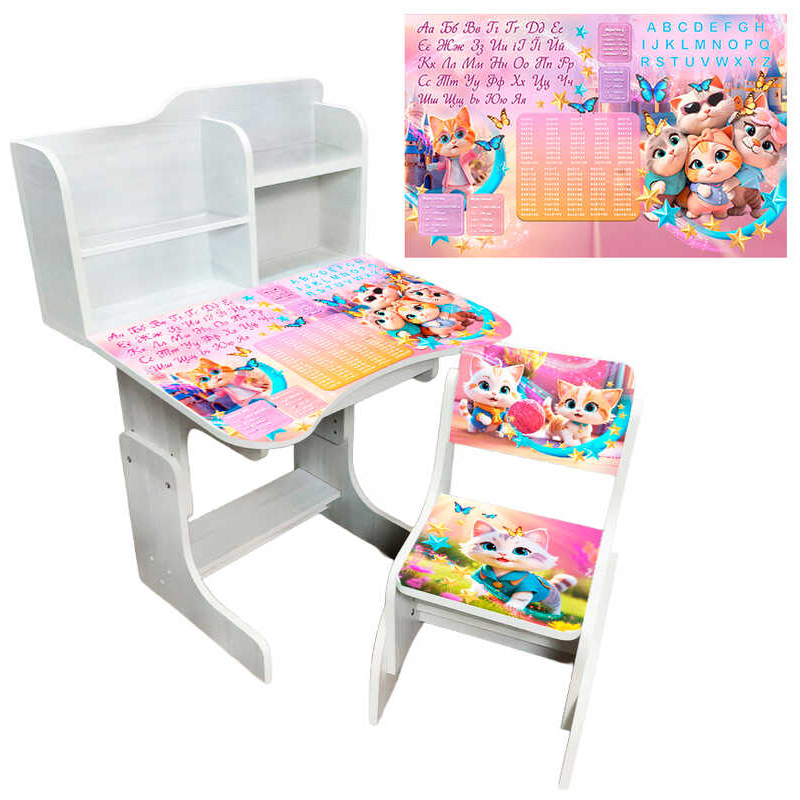 гр Парта шкільна “Котики“ ПШ 058 (1) ЛДСП, біле дерево, 69*45 см, + 1 стілець, з пеналом