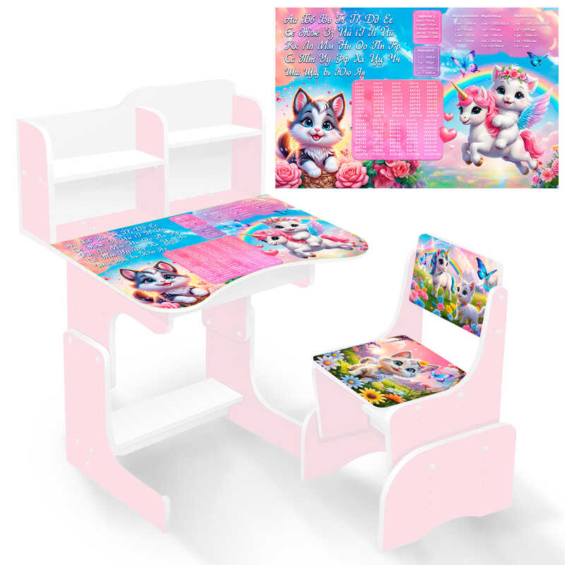 гр Парта шкільна “Кошенята з поні“ ПШ055 (1) ЛДСП, колір рожевий, 69*45 см, + 1 стілець, з пеналом