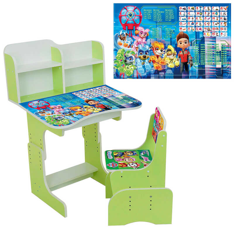 гр Парта шкільна “Цуценята“ ПШ 050 (1) ЛДСП, колір зелений, 69*45 см, + 1 стілець, з пеналом