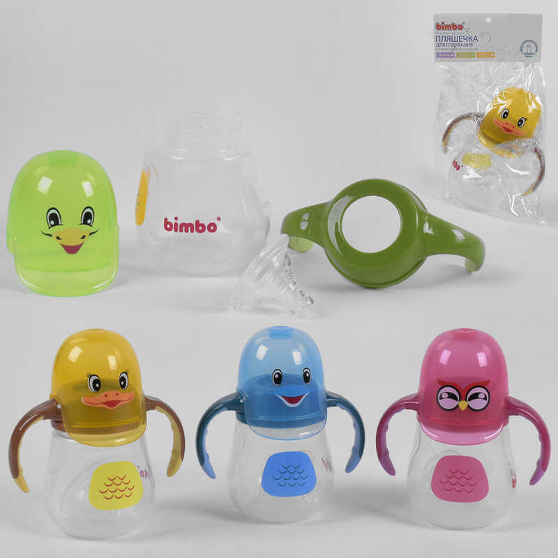 гр Пляшка для годування 86055 (72) “BIMBO“, 4 кольори, з силіконовою соскою, 210 мл, пластик, 1 штука в пакеті