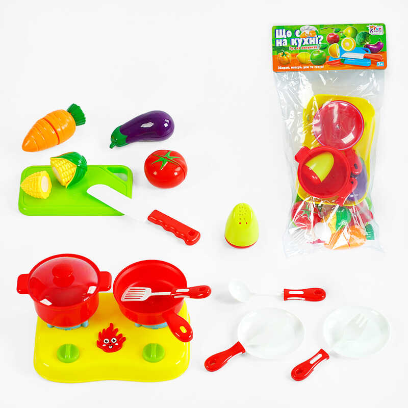 гр Продукти на липучках “Що є на кухні?” 65290 (120/2) “4FUN Game Club“, 17 елементів, варильна поверхня, посуд, обробна дошка, у пакеті