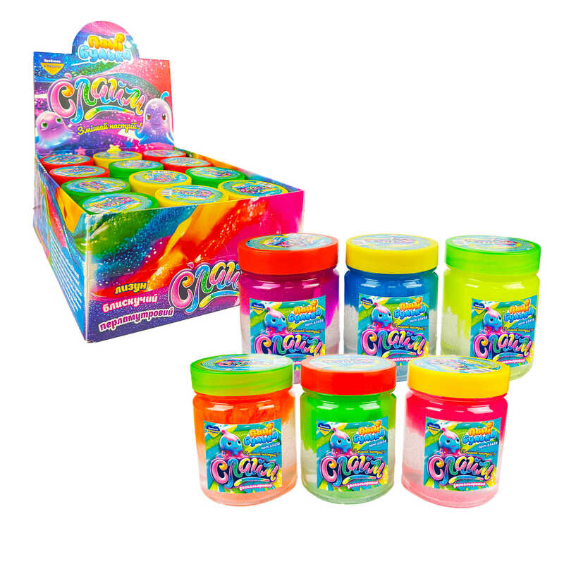 гр Слайм двокольоровий  65456 (1) “Пані Булька“, ЦІНА ЗА 12 ШТУК, велика банка, 200г, ароматизований, 6 кольорів, МІКС