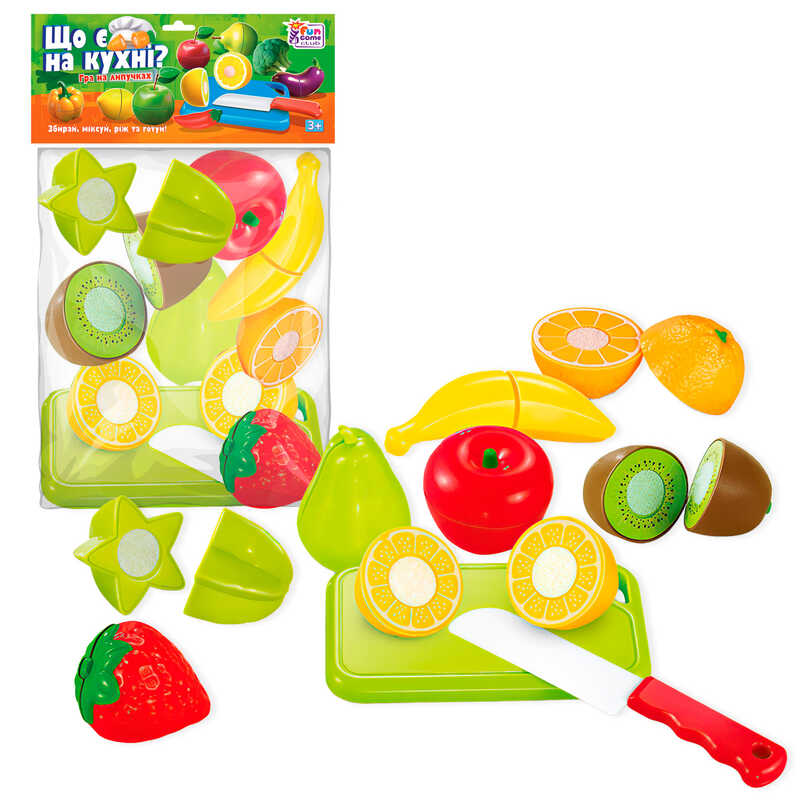 гр Фрукти на липучках “Що є на кухні?” 65260 (192/2) “4FUN Game Club“, 10 елементів, обробна дошка, ніж, у пакеті гр Фрукти на липучках “Що є на кухні?” 65260 (192/2) “4FUN Game Club“, 10 елементів, обробна дошка, ніж, у пакеті