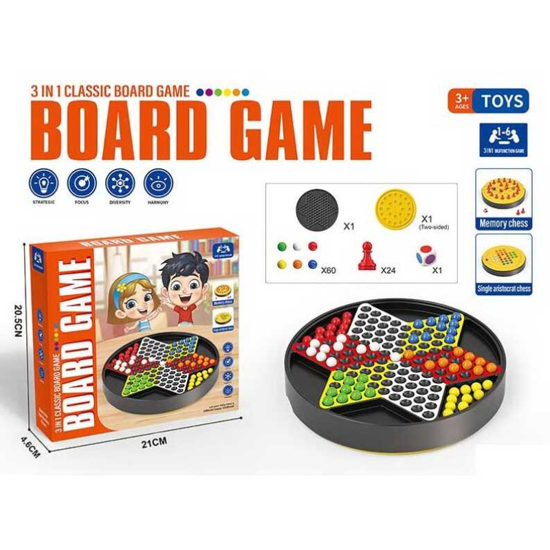Гра 096 (96/2) настільна, 3 в 1, шахи, шашки, знімна двостороння ігрова панель, 24 фігур шахів, 60 кульок, гральний кубик, в коробці