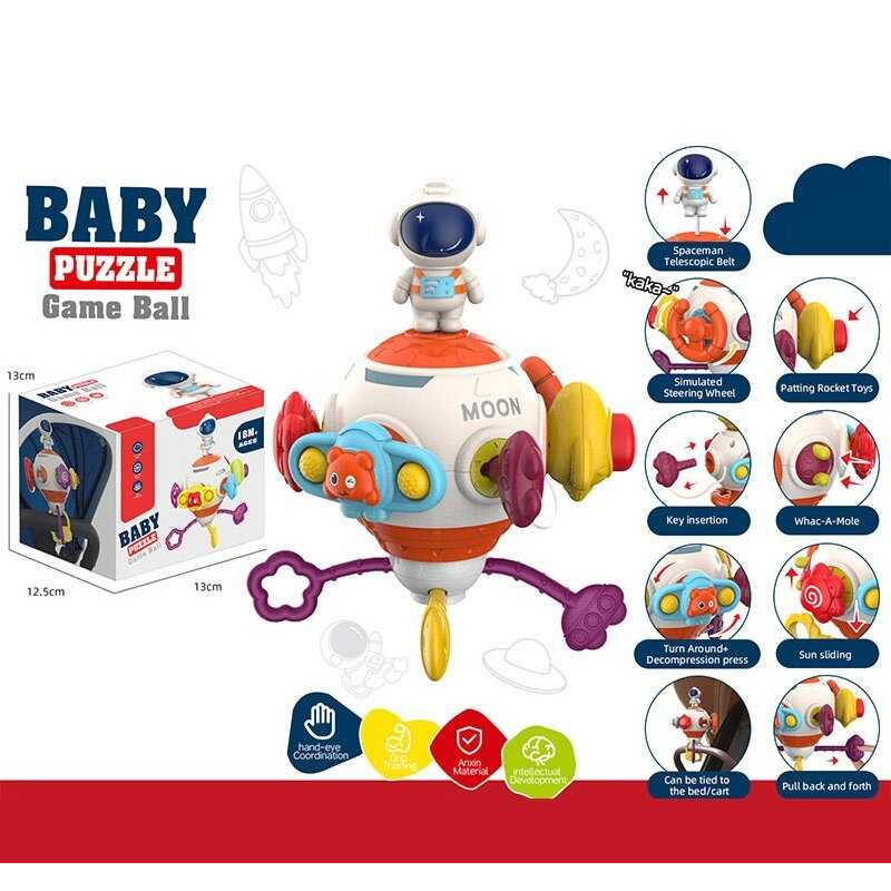 Бізіборд 666-1 (125) 8 забавок, тріскачка, гумові елементи для перетягування, пискавка, спінер, попіт, рухомі елементи, пальчикові ігри, в коробці