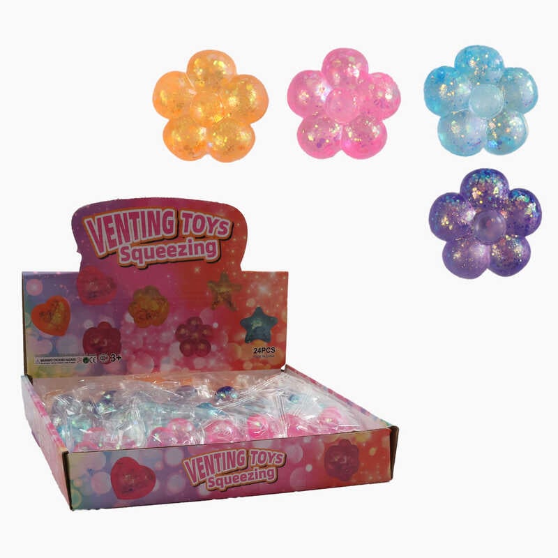 Гра антистрес C 68822 (22) ЦІНА ЗА 24 ШТУКИ В БЛОЦІ, “Квіточка“, розмір 5.5х5.5х1.5 см, гелеве наповнення, блискітки, в коробці