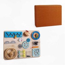 Бізіборд C 61700 (8) дерево, 11 ігор, кермо, пальчиковий лабіринт, годинник, магнітний олівець, музична скринька, в коробці