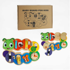 Бізіборд C 64007 (20) “Гусінь”, ключі, застібки, змійка, шестерні, годинник, шнурівка, в коробці