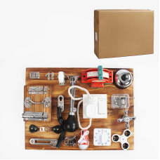 Бізіборд C 64845 (5), дзвінок, застібки, таймер, розетка, замки, шнурівка, перемикач, кран, фіджет, клаксон, музична шкатулка, коробка