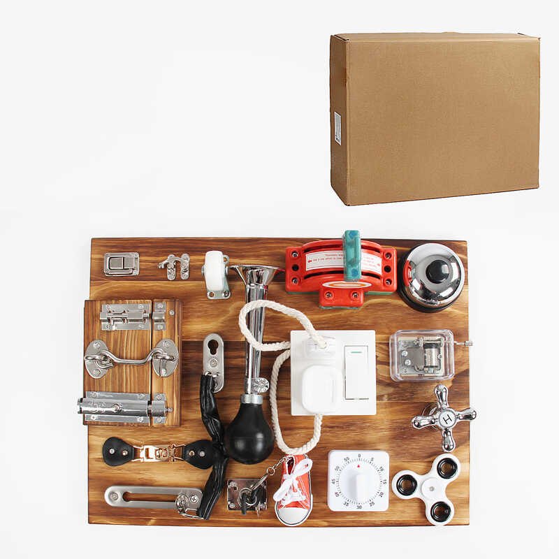 Бізіборд C 64845 (5), дзвінок, застібки, таймер, розетка, замки, шнурівка, перемикач, кран, фіджет, клаксон, музична шкатулка, коробка