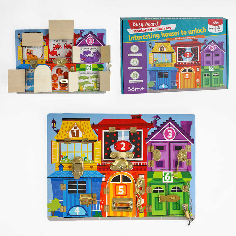 Бізіборд C 64848 (20) “Квартирки з тваринами”, 6 видів замочків, що відкривають віконця, в коробці