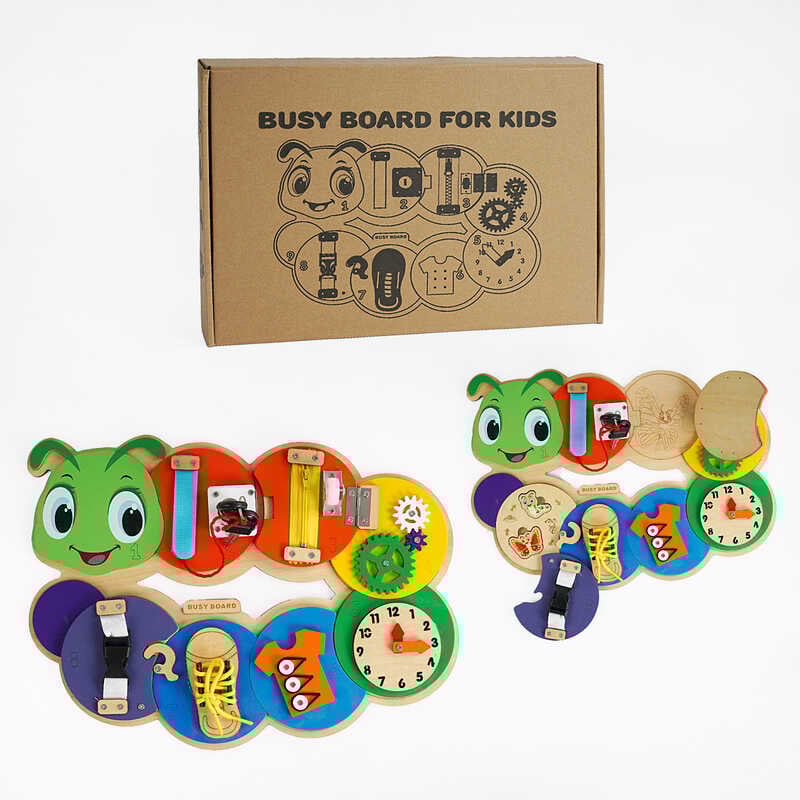 Бізіборд C 64849 (20) “Гусінь”, ключі, застібки, змійка, шестерні, годинник, шнурівка, в коробці Бізіборд C 64849 (20) “Гусінь”, ключі, застібки, змійка, шестерні, годинник, шнурівка, в коробці