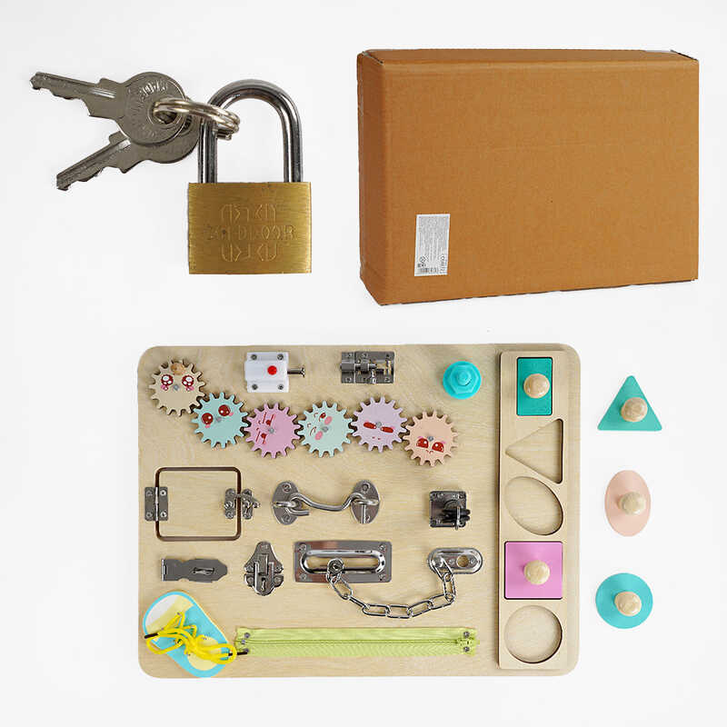 Бізіборд C 64872 (8) дерев“яний, гачок, шнурки, блискавка, замочки, рухомі шестерні, геометричний сортер, у коробці