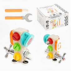 Бізіборд C 65678 (48) дерев’яний брусок, 6 міні-ігор, гайковий ключ, викрутка, в коробці