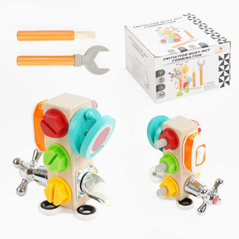 Бізіборд C 65678 (48) дерев’яний брусок, 6 міні-ігор, гайковий ключ, викрутка, в коробці