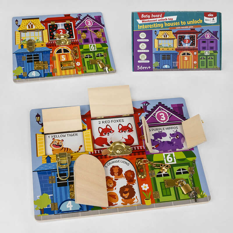 Бізіборд дерев“яний С 49417 (20) “Квартирки з тваринами”, 6 видів замочків, що відкриваються віконця, в коробці