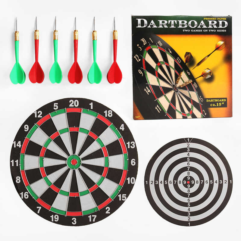 Дартс ZZYW 15 H (12) двостороння дошка, 6 дротиків з металевим наконечником, фіксація на гачок, діаметр поля 36 см, в коробці