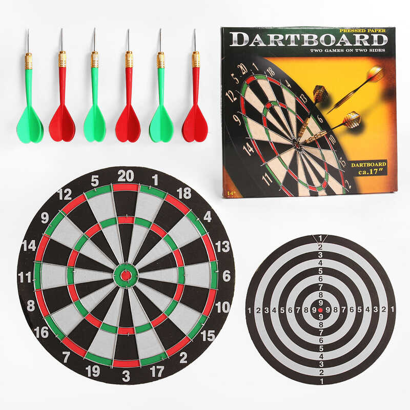 Дартс ZZYW 17 H (12) двостороння дошка, 6 дротиків з металевим наконечником, фіксація на гачок, діаметр поля 40 см, в коробці