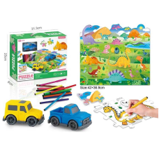 Двосторонній пазл 7077-103 (48/2) “Динозаври”, 56 елементів, фломастери 12 кольорів, розфарбовка, машинка, пазл 42х37 см, в коробці