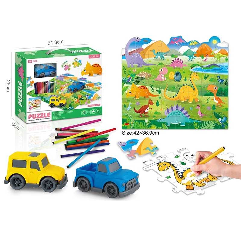 Двосторонній пазл 7077-103 (48/2) “Динозаври”, 56 елементів, фломастери 12 кольорів, розфарбовка, машинка, пазл 42х37 см, в коробці