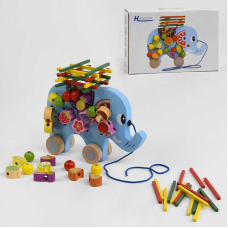 Дерев“яна каталка C 48174 (36) “Слоненя“, шнурівка, брусочки, в коробці