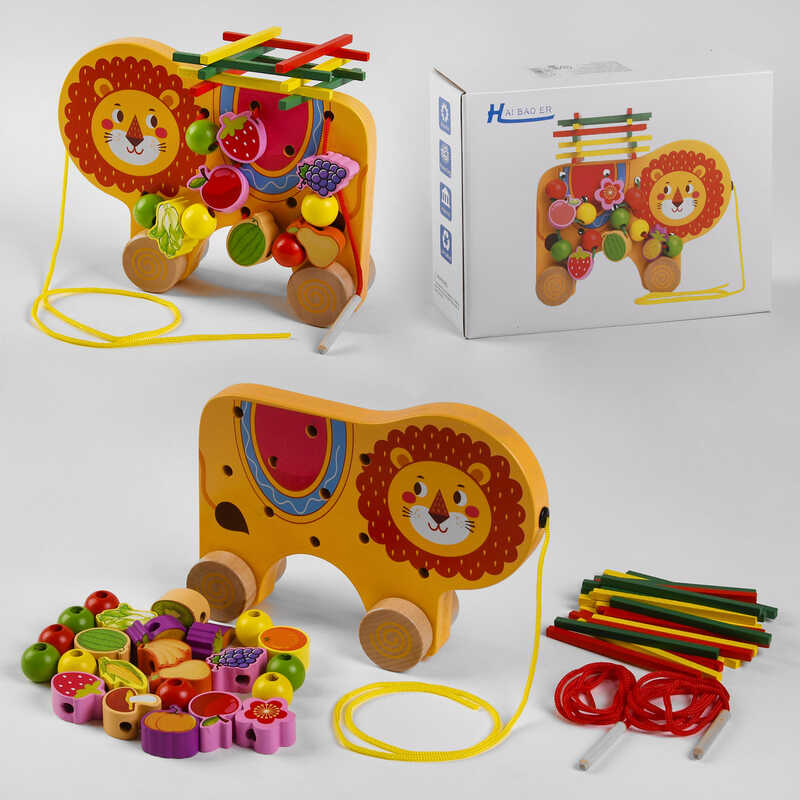 Дерев“яна Каталка С 48173 (36) “Левеня“, шнурівка, брусочки, в коробці