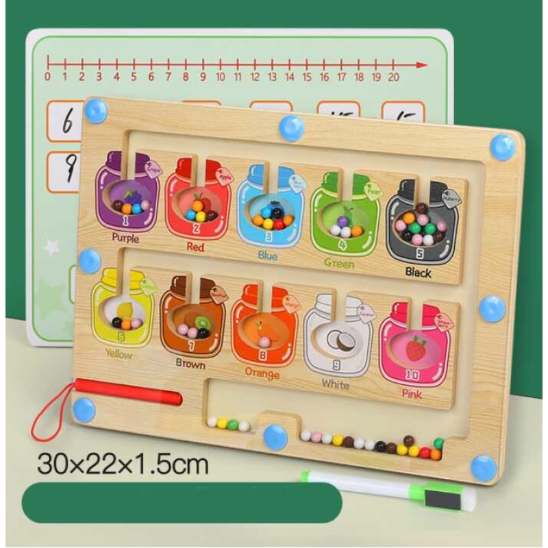 Дерев“яна магнітна гра C 66171 (40) кульки, магнітна паличка, маркер “пиши-витирай”, шаблони для прикладів, в коробці