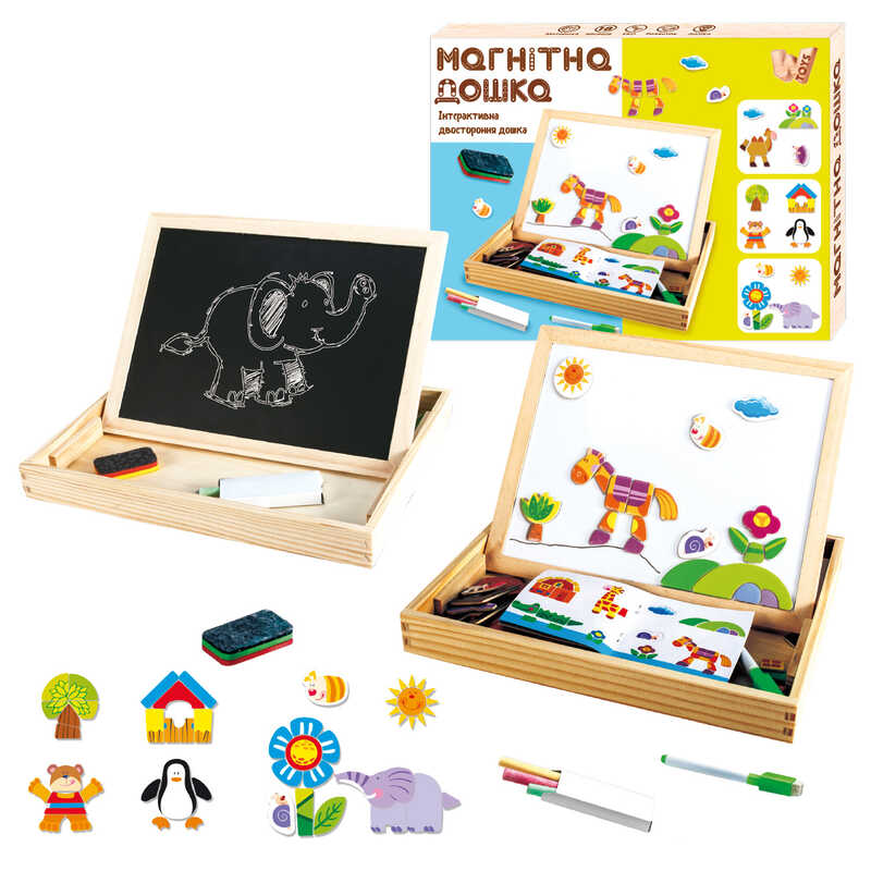 Дерев“яна магнітна дошка 97678 (36) “WToys“, магніти, фломастер, губка для стирання, крейда, в коробці