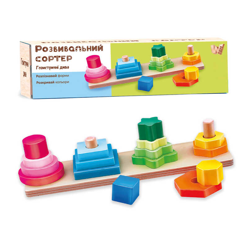 Дерев`яна пірамідка 35485 “Логіка“ (84) “WToys“, сортер, 16 геометричних фігур, в коробці