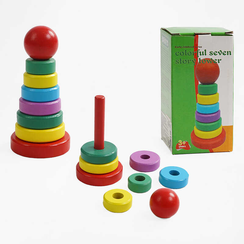 Дерев“яна пірамідка С 39392 (96) кільця різного розміру, основа, в коробці