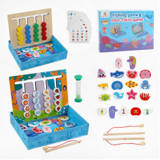 Дерев’яна логічна гра C 68293 (20) 2в1: four color game та магнітна риболовля, пісочний годинник, 2 вудки, картки із завданнями, в коробці