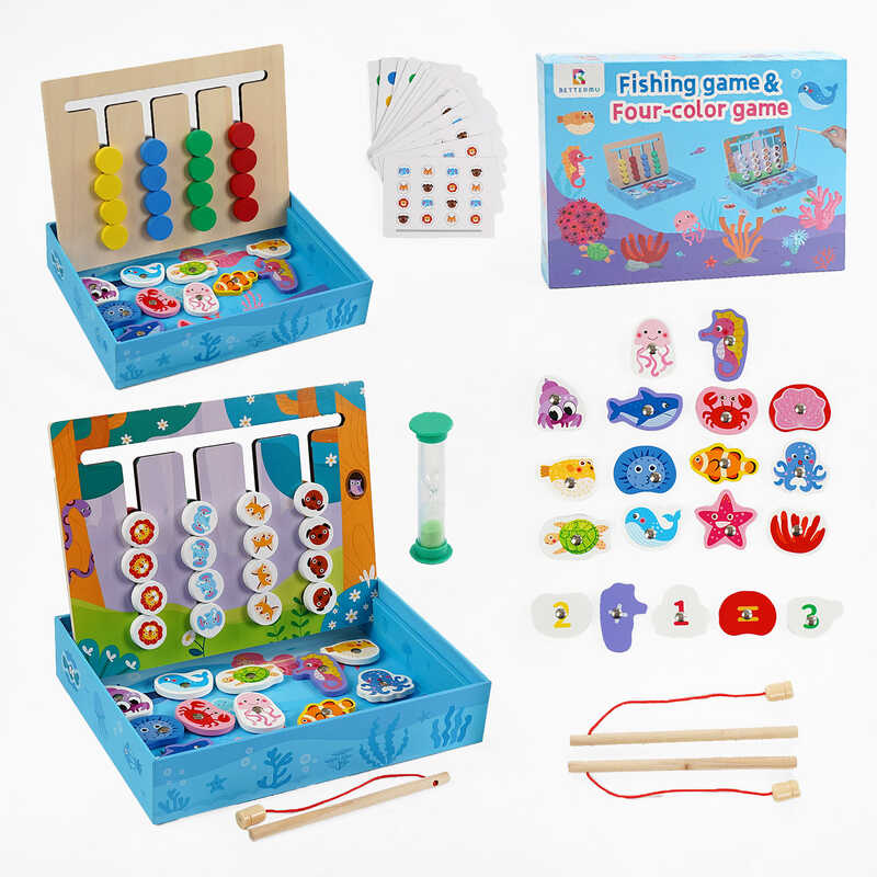 Дерев’яна логічна гра C 68293 (20) 2в1: four color game та магнітна риболовля, пісочний годинник, 2 вудки, картки із завданнями, в коробці