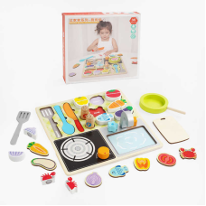 Дерев’яний сортер С 65804 (24) “Кухня”, 22 елементи, набір продуктів, елементи на липучках, безпечний ніж, дошка для нарізання, в коробці