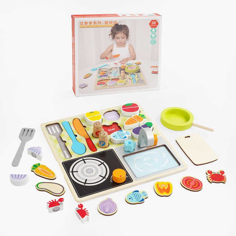 Дерев’яний сортер С 65804 (24) “Кухня”, 22 елементи, набір продуктів, елементи на липучках, безпечний ніж, дошка для нарізання, в коробці