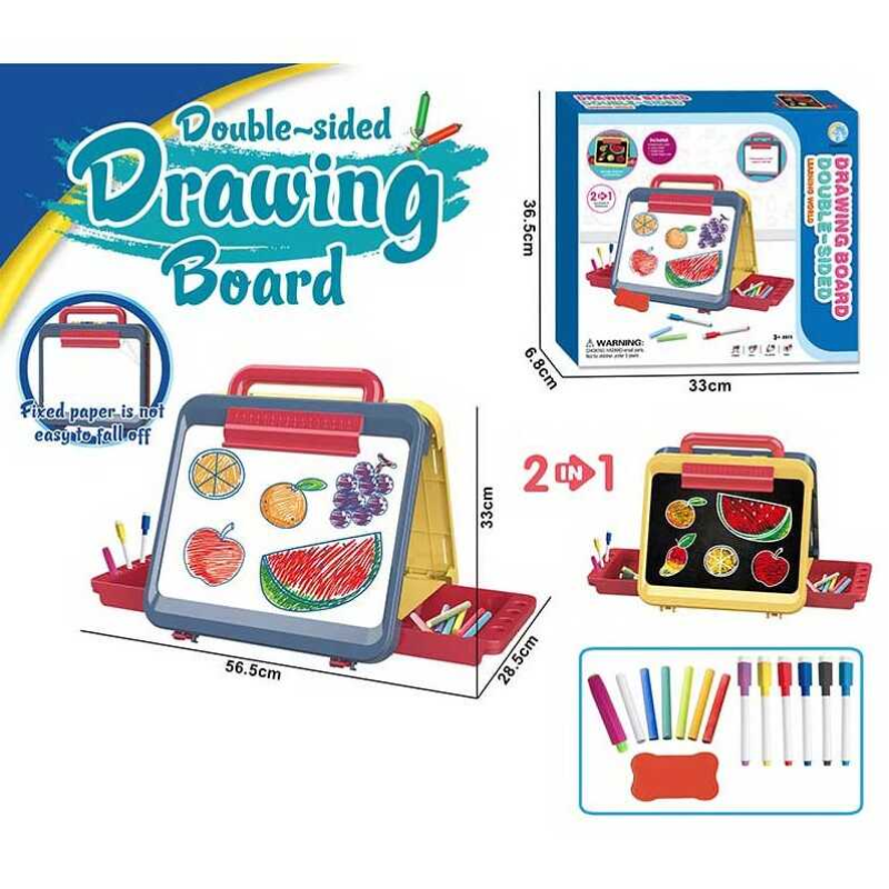 Дошка для малювання YM 65 (24/2) двостороння: малювання маркерами та крейдою, 6 маркерів “пиши-витирай”, кольорова крейда, губка, тримач для крейди, в коробці