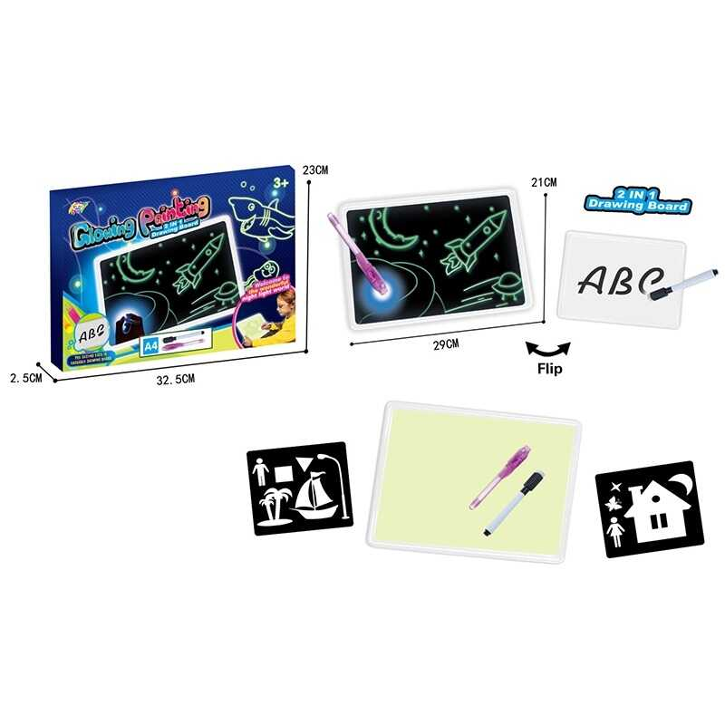 Дошка для малювання YM 993 (72/2) “Малюй світлом“, двостороння дошка, маркер “пиши-витирай”, ручка-ліхтарик, в коробці