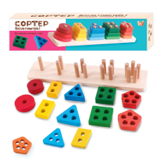 Дошка логічна 10316 (48) “WToys“, дерев’яна платформа з кілочками, пірамідки, 15 геометричних фігур з отворами, в коробці