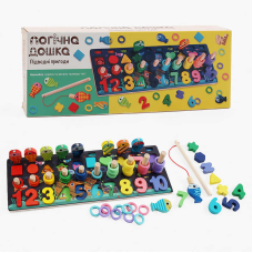 Дошка логічна 11825 (40) “WToys“, дерев“яна, 10 кольорових рибок, магнітна риболовля, цифри та фігури,  кілочки, в коробці