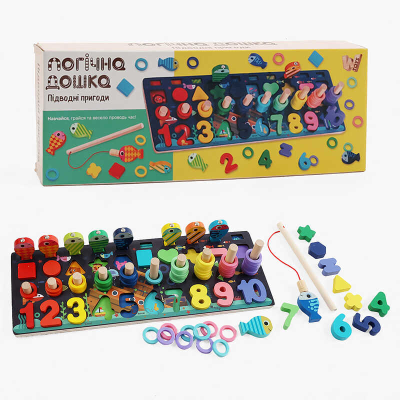 Дошка логічна 11825 (40) “WToys“, дерев“яна, 10 кольорових рибок, магнітна риболовля, цифри та фігури, кілочки, в коробці Дошка логічна 11825 (40) “WToys“, дерев“яна, 10 кольорових рибок, магнітна риболовля, цифри та фігури, кілочки, в коробці