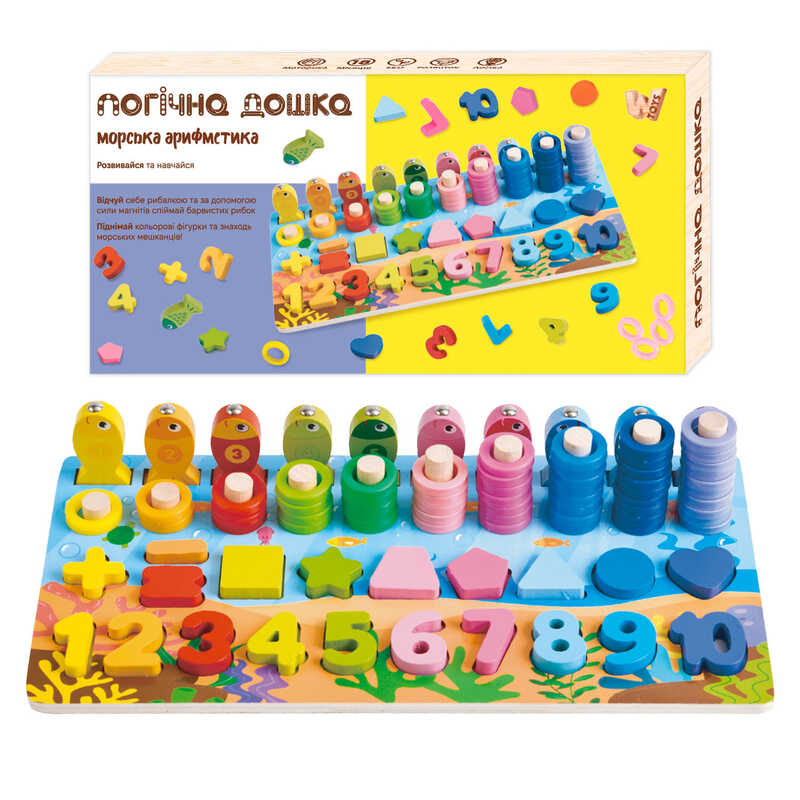 Дошка логічна 32521 (40) “WToys“, дерев“яна, сортер, магнітна риболовля, назви цифр англійською, дерев“яні кілочки, геометричні фігури, кольорові кільця, в коробці Дошка логічна 32521 (40) “WToys“, дерев“яна, сортер, магнітна риболовля, назви цифр англійською, дерев“яні кілочки, геометричні фігури, кольорові кільця, в коробці