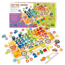 Дошка логічна 38512 (22) “WToys“, “Автобус“, дерев“яна, сортер, магнітна риболовля, цифри, арифметичні знаки, геометричні фігури, транспорт, кілочки, кільця, в коробці