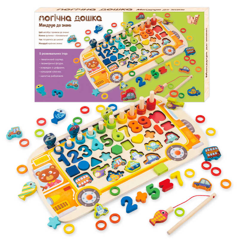 Дошка логічна 38512 (22) “WToys“, “Автобус“, дерев“яна, сортер, магнітна риболовля, цифри, арифметичні знаки, геометричні фігури, транспорт, кілочки, кільця, в коробці