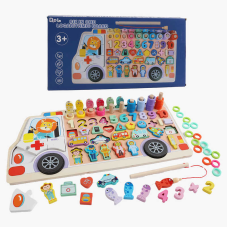 Дошка логічна C 53625 (30) дерев“яна, сортер, пазл, магнітна риболовля, назви цифр та фігур англійською мовою, дерев“яні кілочки, кольорові кільця, в коробці